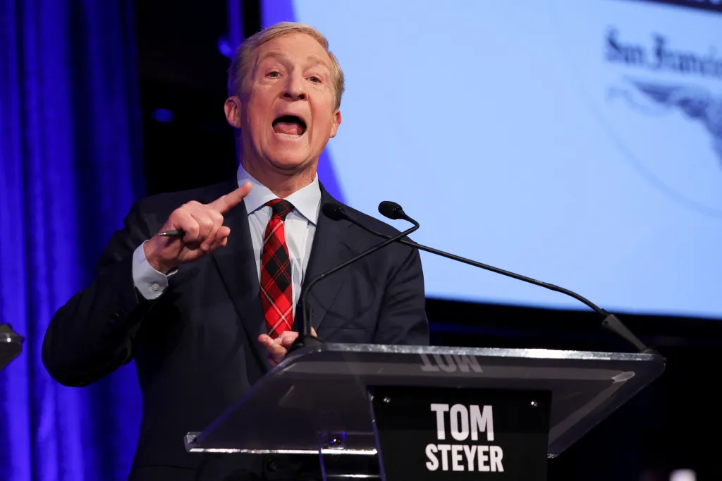 Tom Steyer speaks at a debate for governor of California.