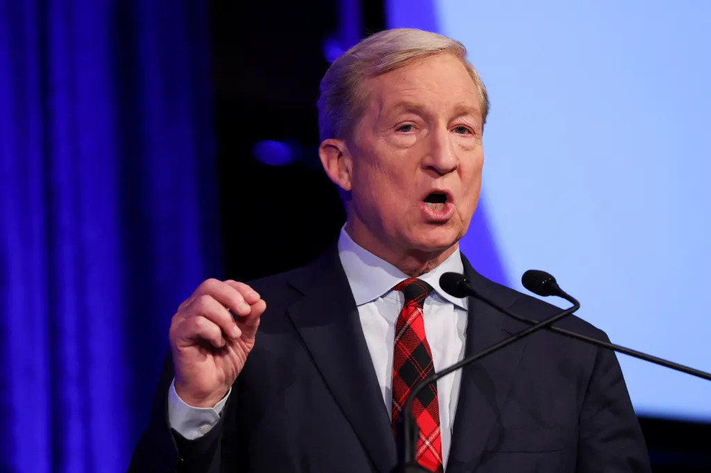 Tom Steyer speaking at a debate for governor of California.