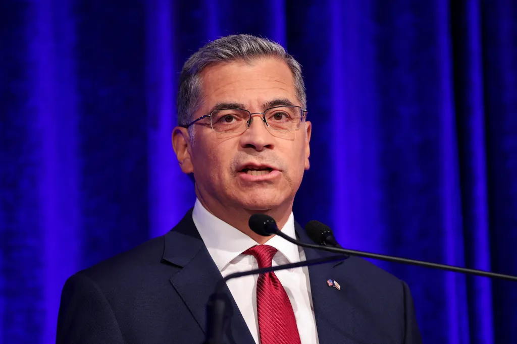 Xavier Becerra speaking at a debate for governor of California.