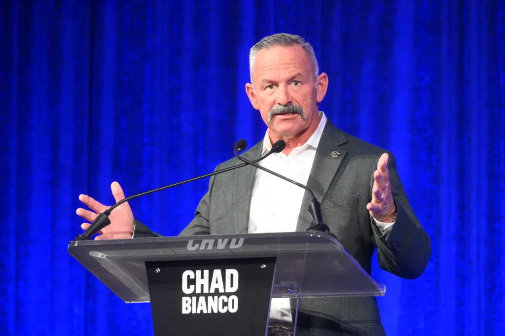 Chad Bianco speaking at a gubernatorial debate.