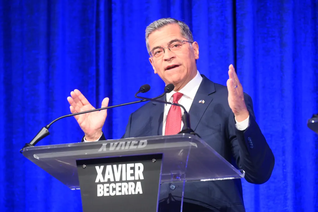 Xavier Becerra speaking at a gubernatorial debate.