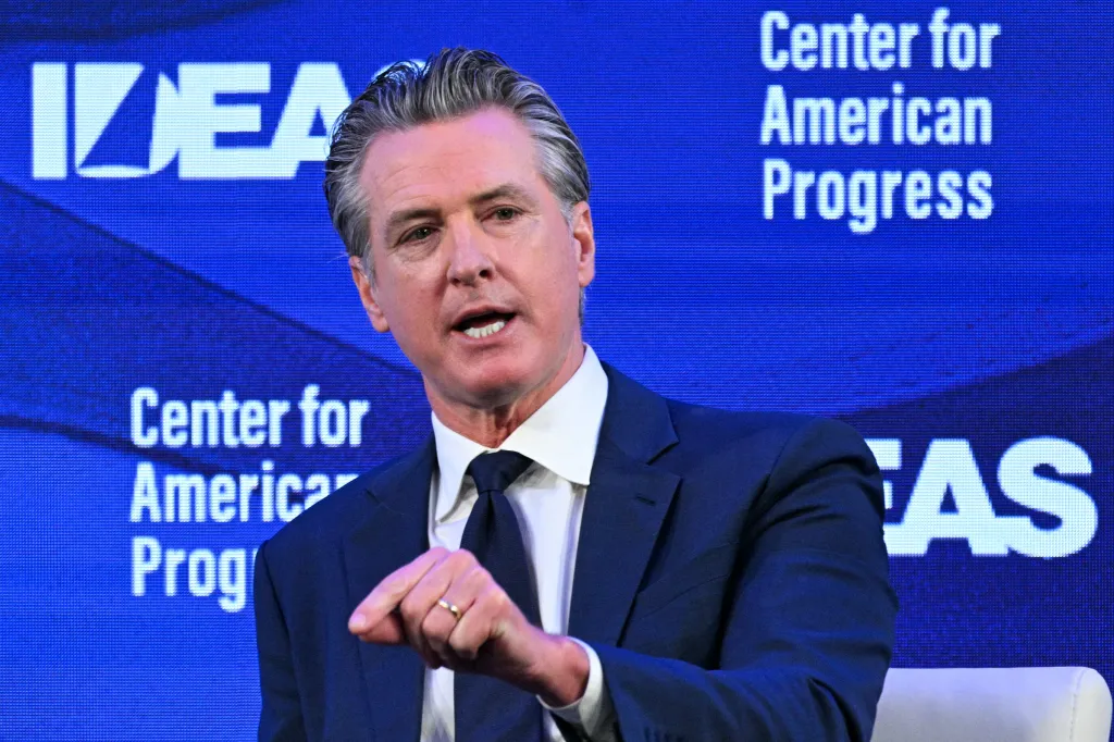 California Governor Gavin Newsom speaking at the Center for American Progress conference.