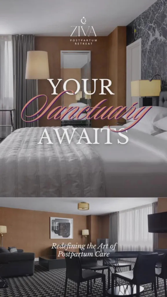 Collage of a luxurious bedroom and a modern living area in a hotel suite, advertising postpartum care.