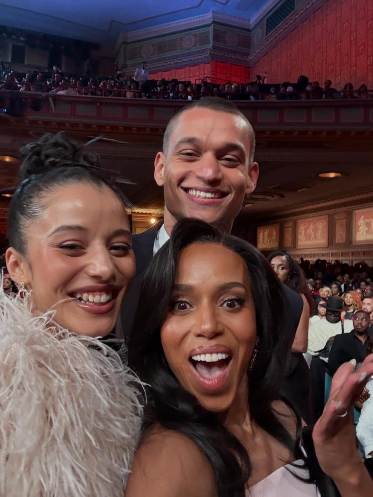 Kerry Washington, Chase Infiniti, and Tyriq Withers smiling at an event.