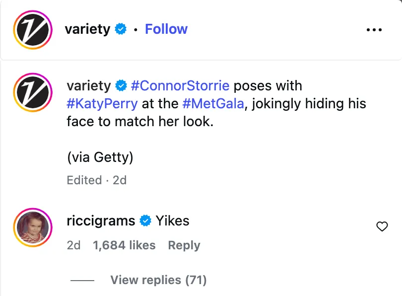 An Instagram post by Variety reporting on Connor Storrie and Katy Perry at the Met Gala, with a comment from Christina Ricci that says 