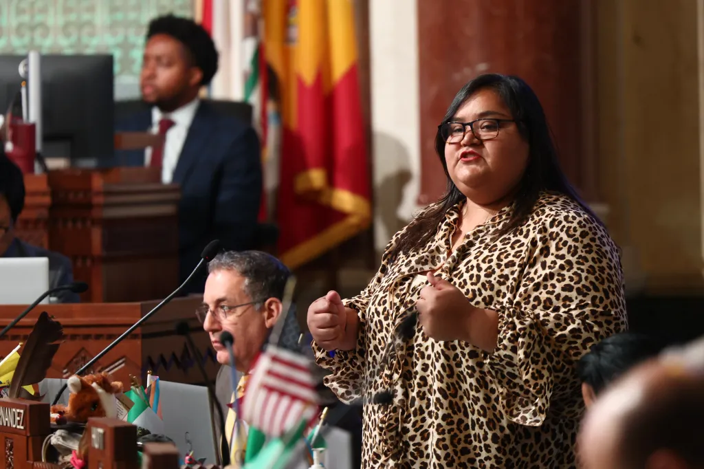 City Council member Eunisses Hernandez speaking at a city council meeting.