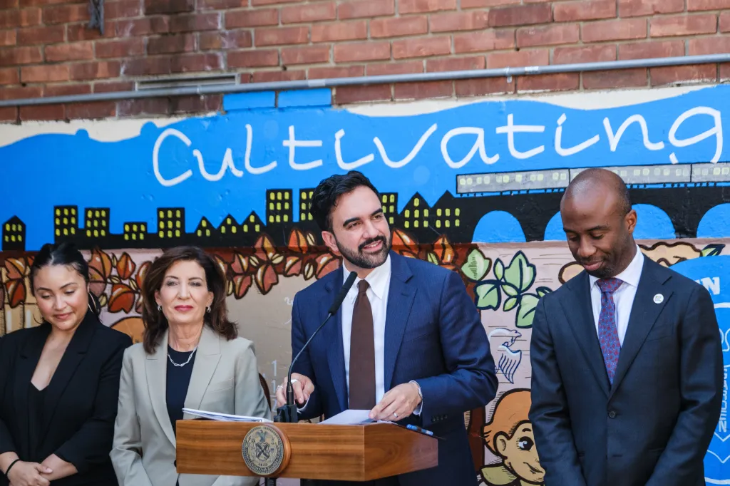 NYC Mayor Zohran Mamdani speaks at a press conference with NY Gov Kathy Hochul, NYC Councilwoman Jennifer Gutierrez, and DOE Chancellor Kamar Samuels.