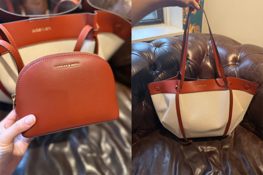 Collage of a close-up of a Charles & Keith purse and a view of the full Charles & Keith purse.