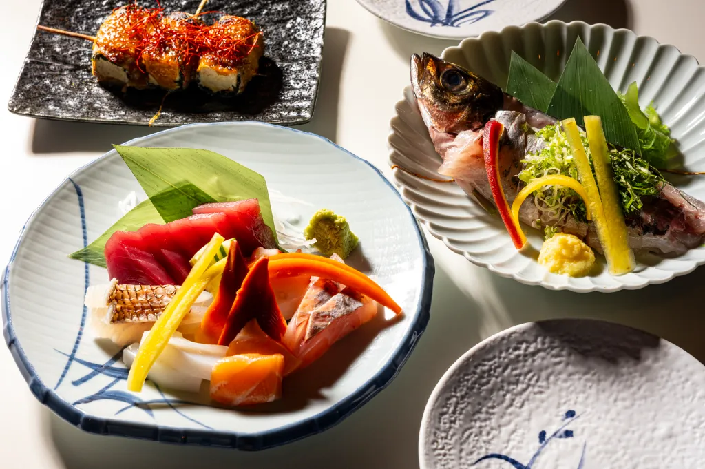 Pork Belly and Tofu Skewer, Horse Mackerel, and 7-Type Sushi Omakase at Izakaya Seki Restaurant.
