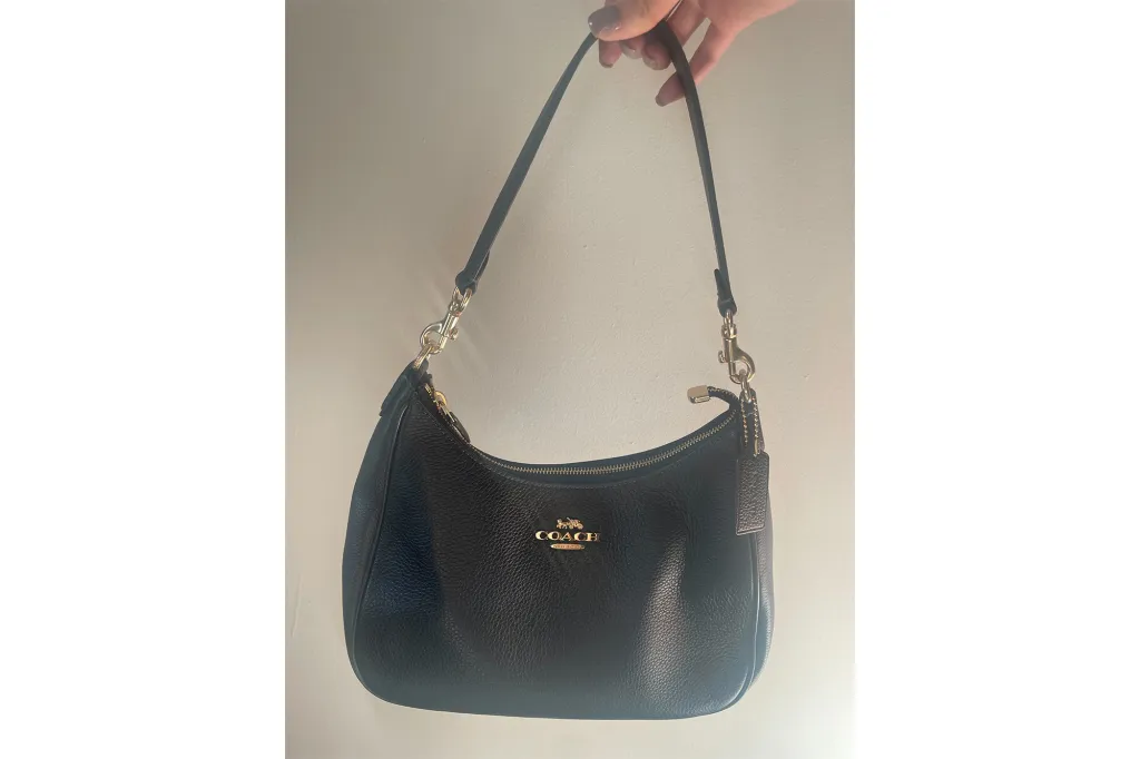 Hand holding a black purse