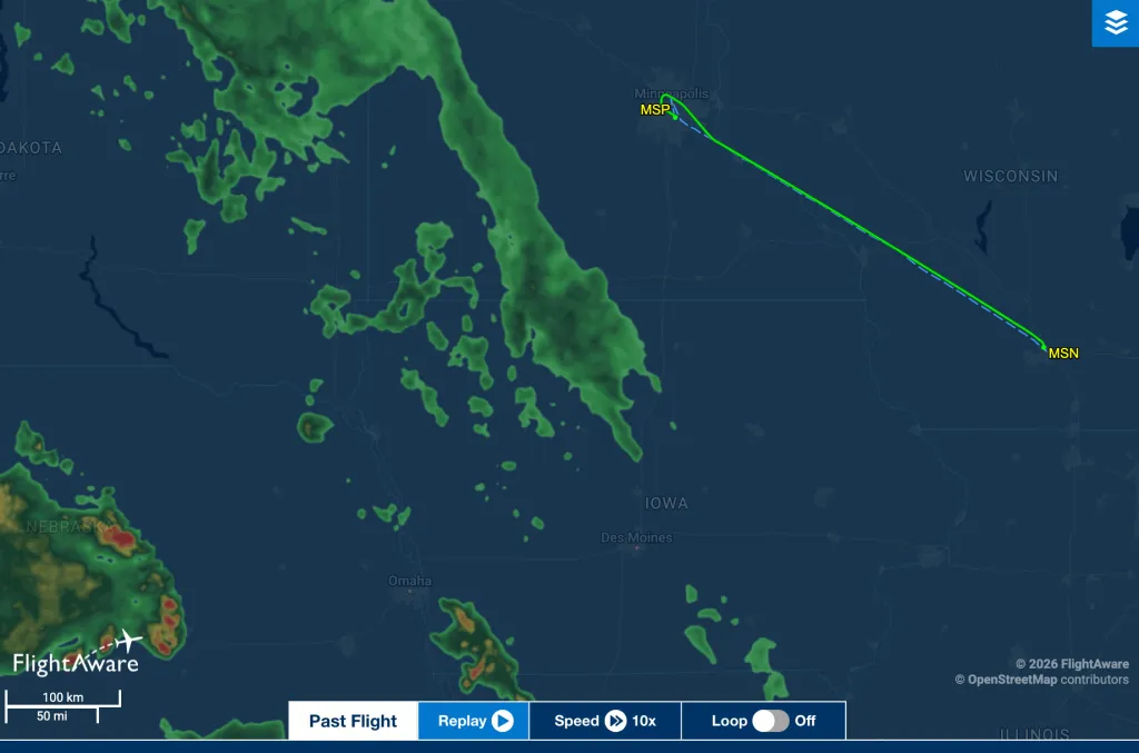 Flight route from Minneapolis (MSP) to Madison (MSN) on FlightAware map.