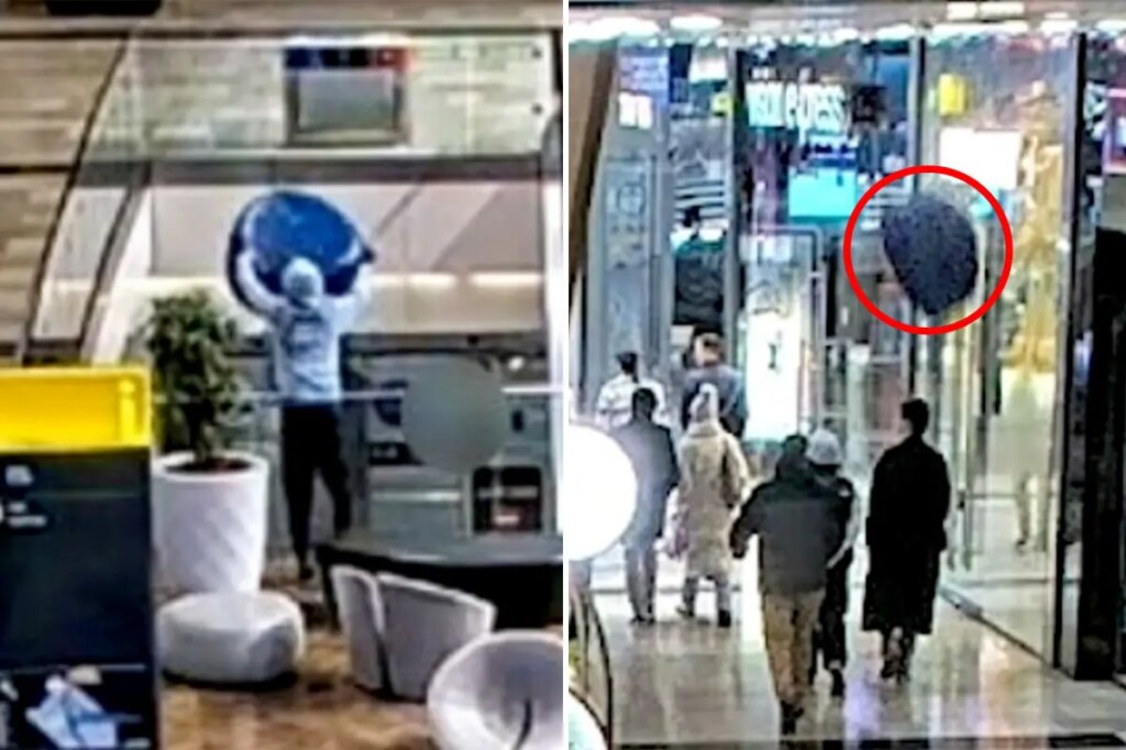 Shocking moment teen throws 30-pound chair from top floor shopping mall