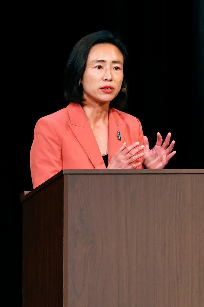 Connie Chan debating at the Sydney Goldstein Theater.