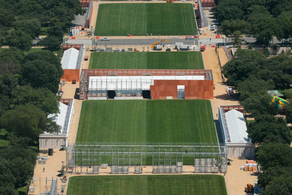 Aerial view of the National Mall under construction for the Freedom 250 Great American State Fair.