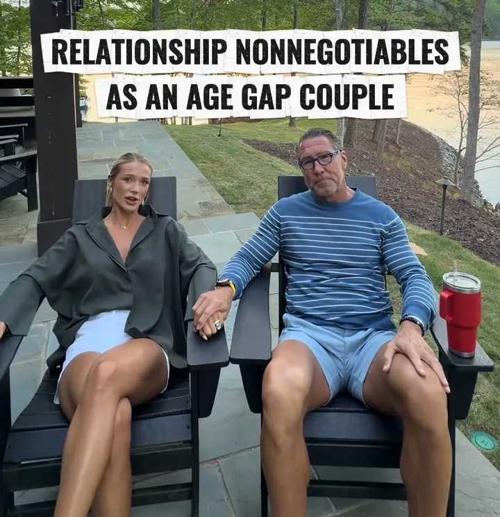 A couple with a 34-year age gap sitting together, holding hands, with text overhead reading 