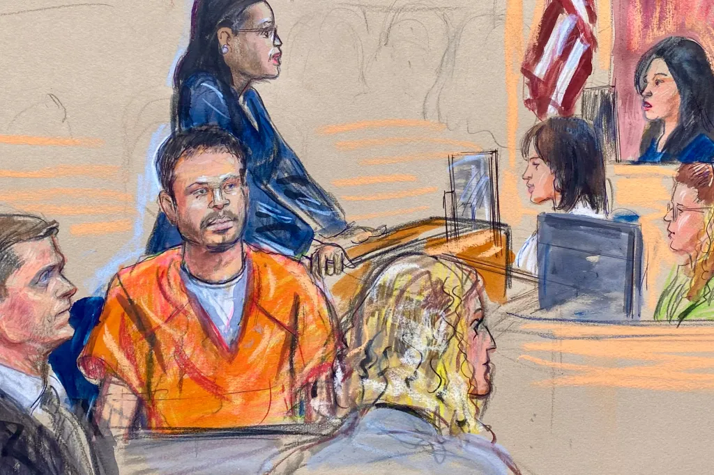 Courtroom illustration of Cole Tomas Allen, in an orange jumpsuit, appearing before U.S. Magistrate Moxila Upadhyaya.