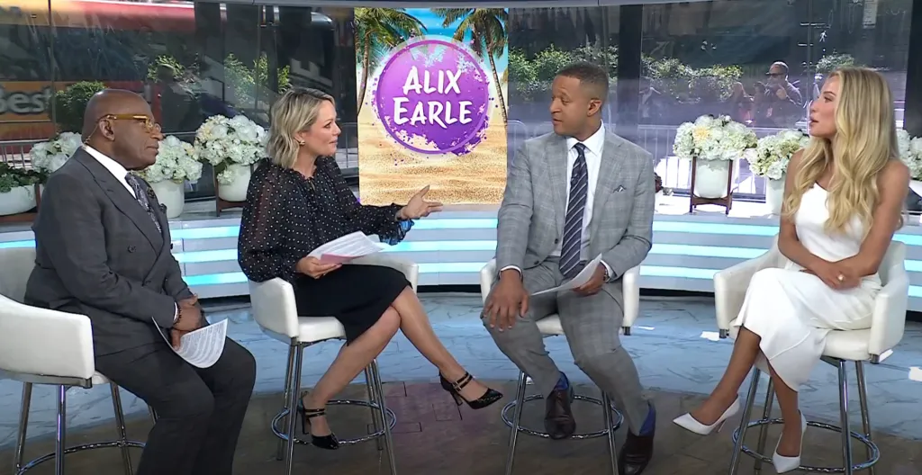 Alix Earle, Craig Melvin, and another male and female host sitting on stools during a television interview.