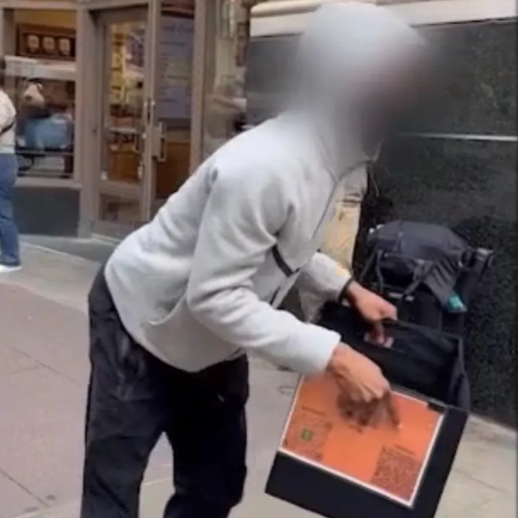 The teen, wearing a gray hoodie and a black face mask, waited for the right moment before he grabbed the tip box filled with cash collected from passersby and fled down the street.
