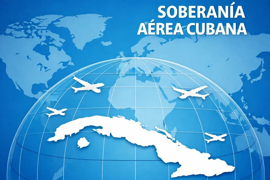 Illustration of Cuban airspace sovereignty, with planes flying over the globe and Cuba highlighted.