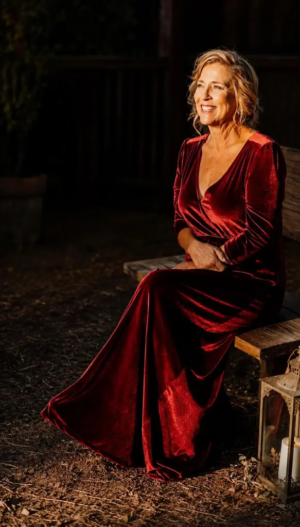 A woman in a red velvet gown sits on a bench, smiling, with warm light on her face.