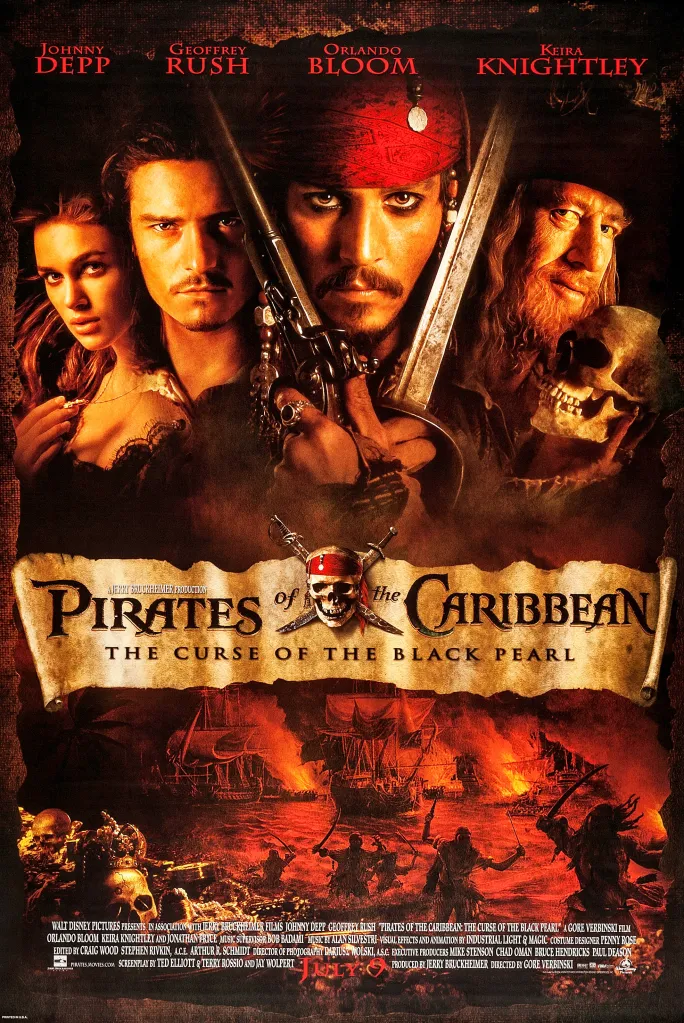 US poster art for the film *Pirates of the Caribbean: The Curse of the Black Pearl*, showing Keira Knightley, Orlando Bloom, Johnny Depp, and Geoffrey Rush.