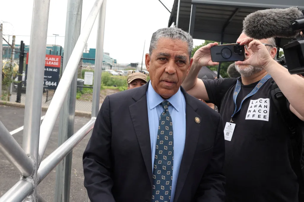 Rep. Adriano Espaillat attempts to enter Delaney Hall during an anti-ICE protest in Newark, New Jersey, on May 27, 2026.