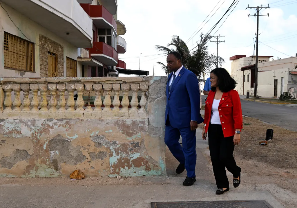 Democratic Reps. Jonathan Jackson and Pramila Jayapal walk around Havana, Cuba during a trip on April 4, 2026.