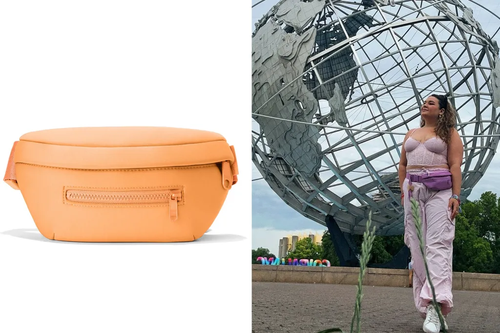 A woman walking in front of a globe with her fanny pack/belt bag. 