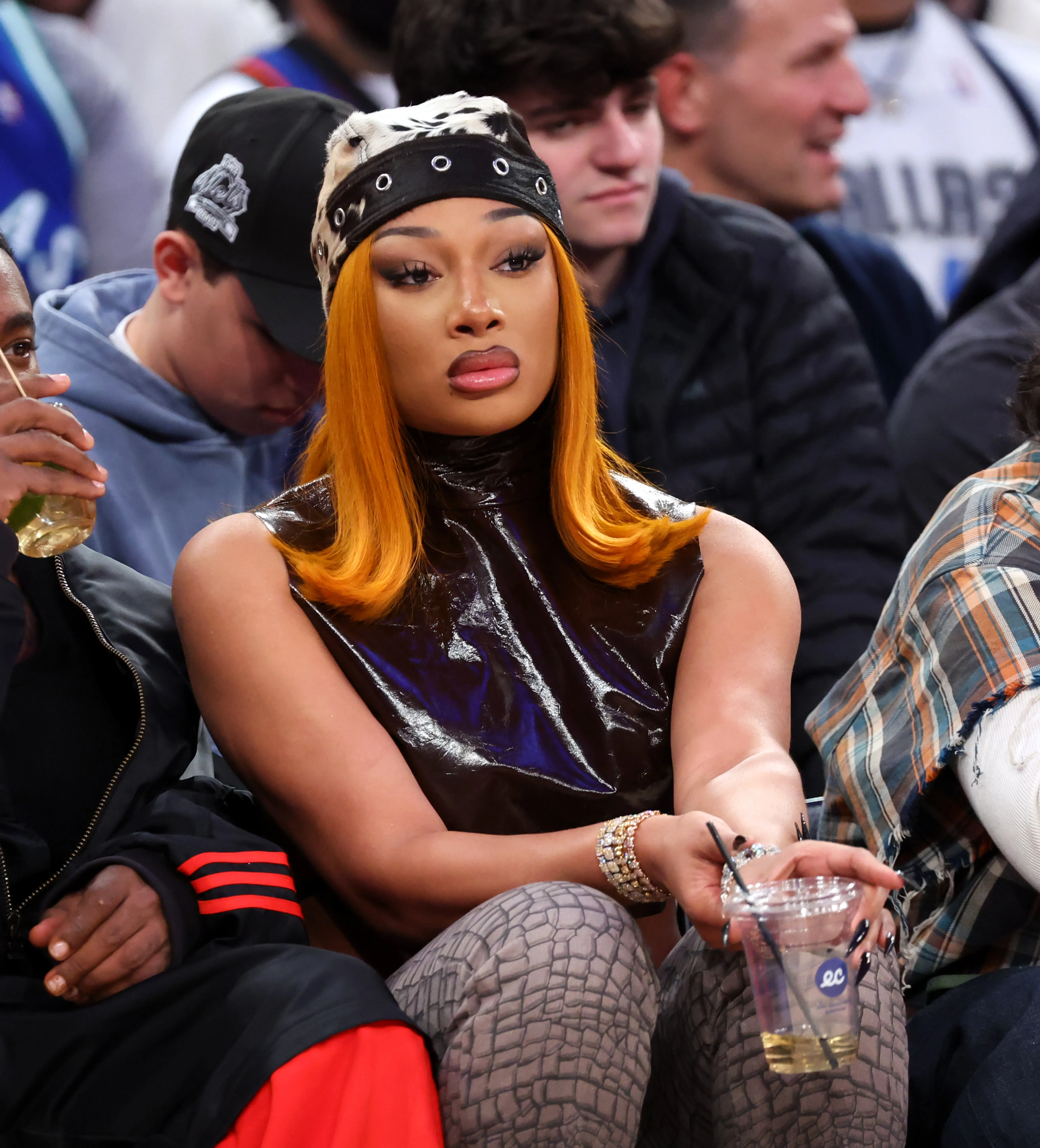 Megan Thee Stallion in her seat on celebrity row to watch her boyfriend Dallas Mavericks guard Klay Thompson #31 play during the third quarter.