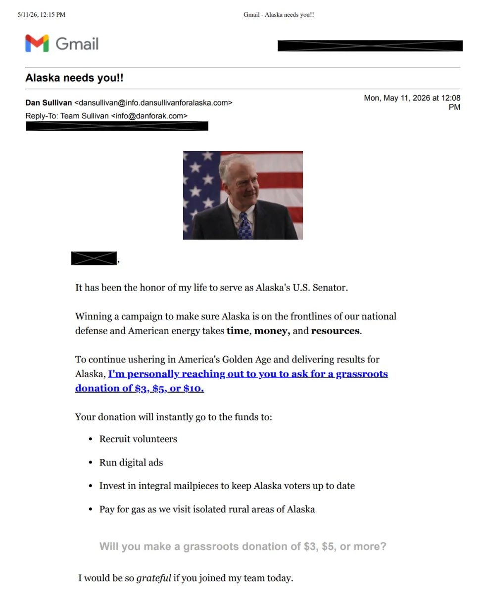 Dan Sullivan's fundraising email.