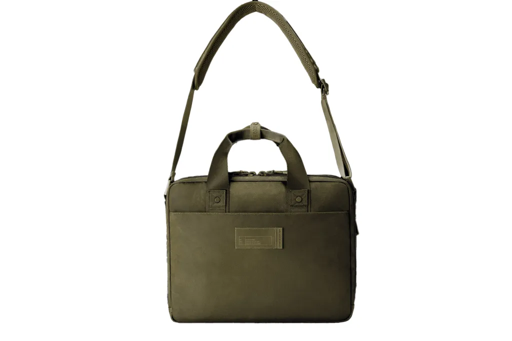 A green bag with straps. 