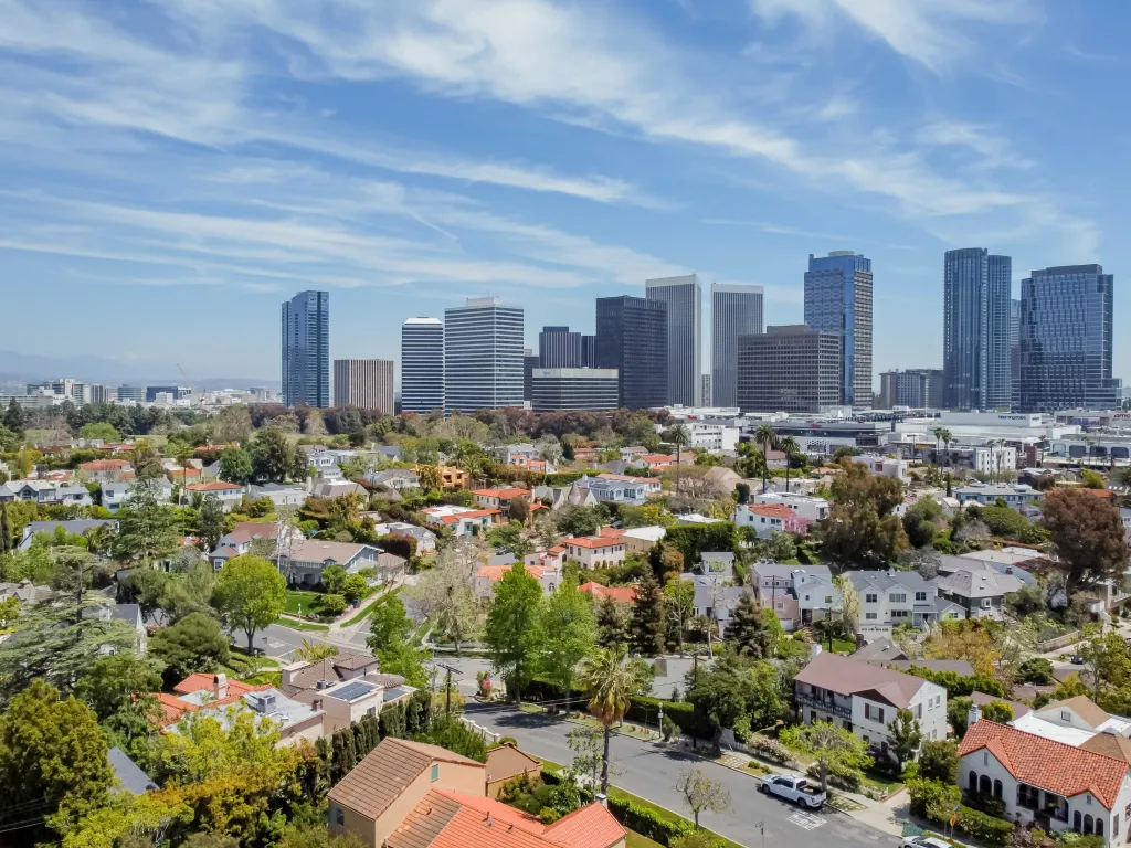 Aerial drone view of Westfield Century City and Beverly Hills homes in Los Angeles.