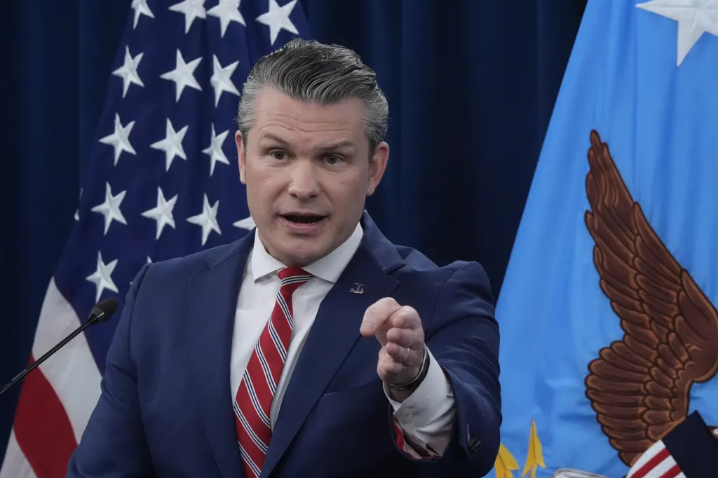 Defense Secretary Pete Hegseth speaks to members of the media during a press briefing at the Pentagon in Washington, Tuesday, May 5, 2026.