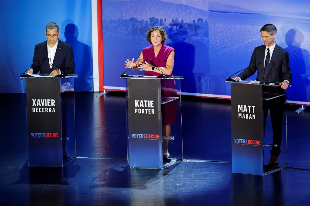 California gubernatorial debate with Katie Porter speaking, flanked by Xavier Becerra and Matt Mahan.