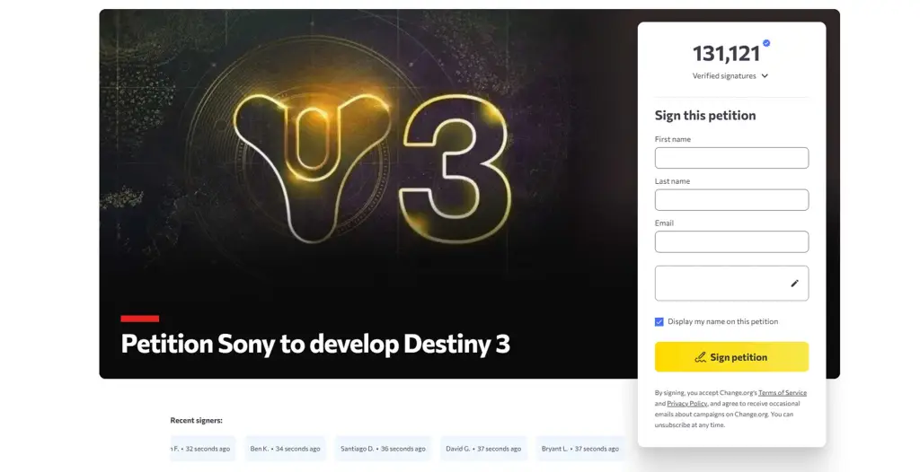 Destiny 3 Petition Page