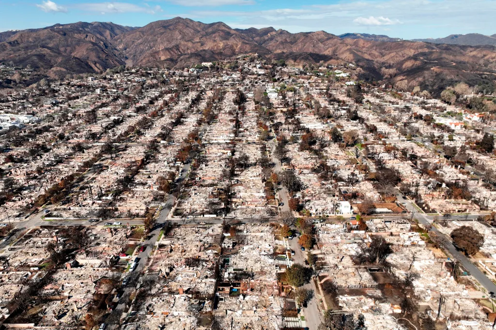 Aerial view of the devastation from the Palisades Fire showing destroyed homes and charred mountains.