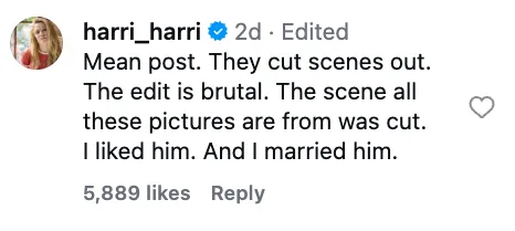 An Instagram comment from harri_harri criticizing the removal of scenes featuring her husband from a film.