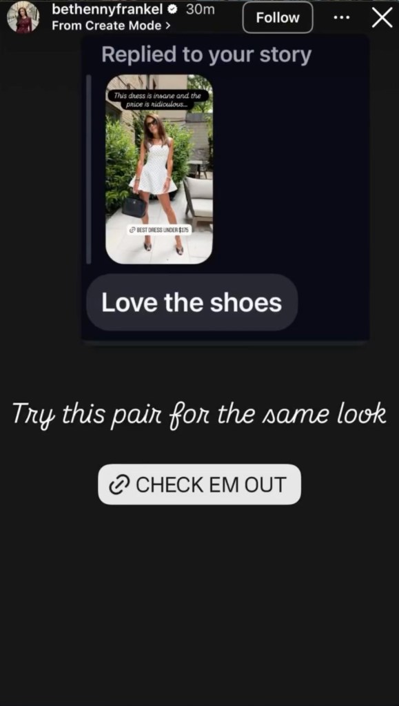 Screenshot of an Instagram story by Bethenny Frankel, with a woman in a white polka dot dress and a text box that reads