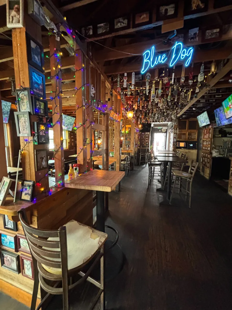 Interior of Blue Dog restaurant with a neon sign, framed dog photos, string lights, and high-top tables.