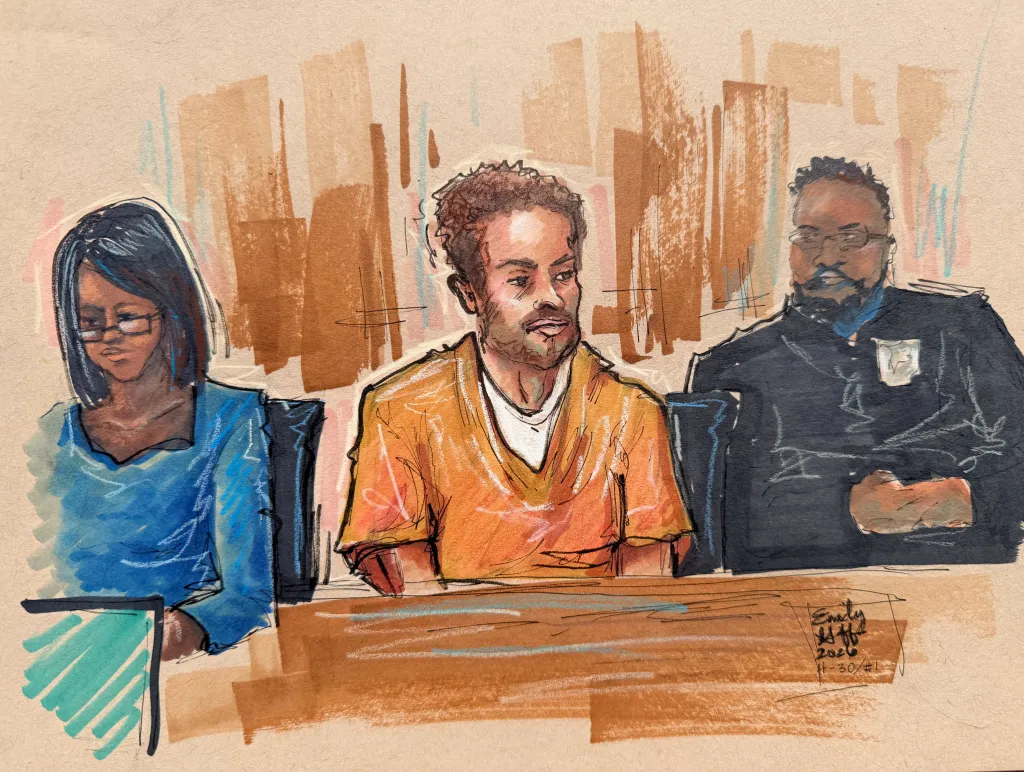 Illustration of Cole Tomas Allen at a court hearing, wearing an orange jumpsuit, flanked by a woman in blue and a man in a black suit.