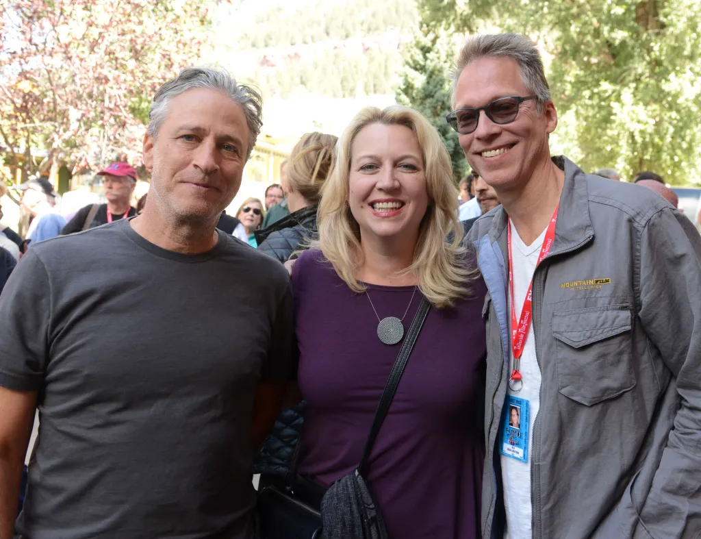 Jon Stewart, Cheryl Strayed, and Brian Lindstrom at the 2014 Telluride Film Festival.