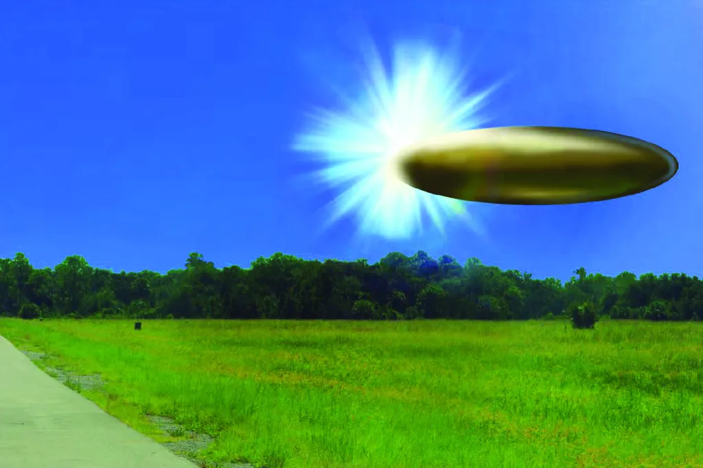 Illustration of a UFO hovering over a field.