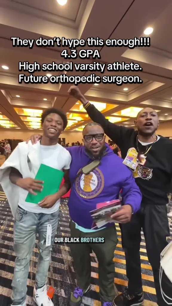 Dominic Antoine Jr. with a 4.3 GPA, high school varsity athlete, and future orthopedic surgeon, posing with two other men.