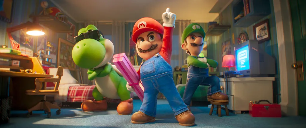 Illustration of Yoshi, Mario, and Luigi from The Super Mario Galaxy Movie.