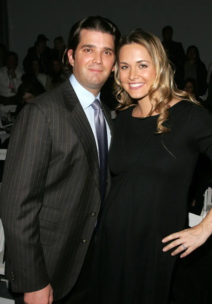 Donald Trump Jr. in a pinstripe suit and his pregnant wife, Vanessa, in a black dress, smiling at a fashion show.