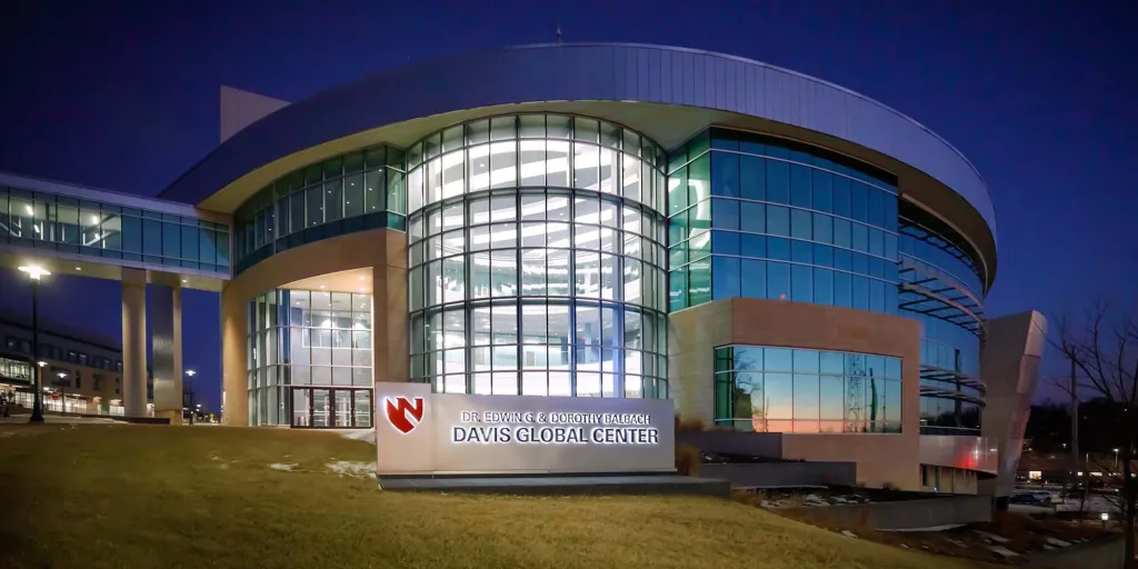 Exterior of the Dr. Edwin G. and Dorothy Balbach Davis Global Center at the University of Nebraska Medical Center.