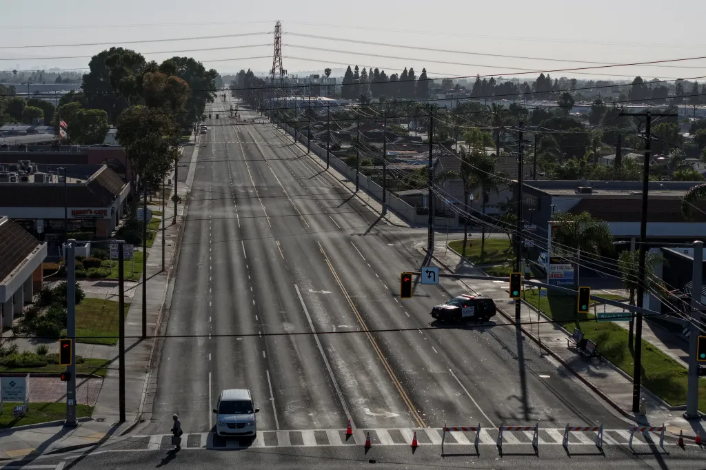 Drone photo of a blocked-off road due to a chemical incident in Garden Grove, California.