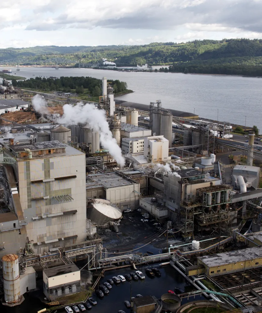 Overhead view of the The disaster site at a plant operated by Nippon Dynawave Packaging factory in Longview, WA.
