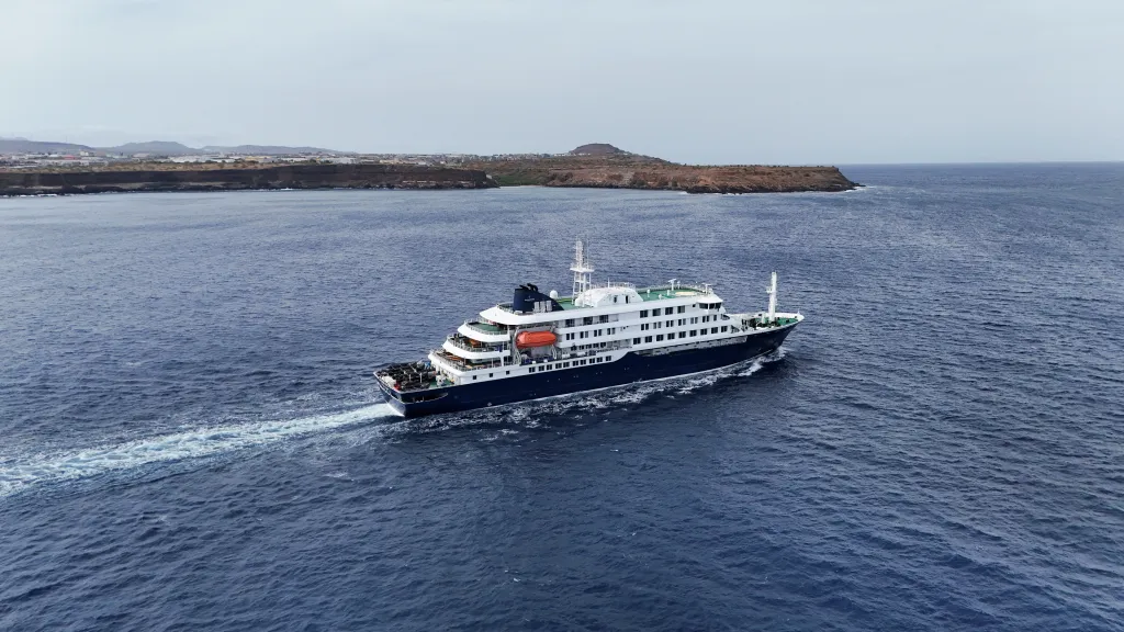 Drone view of the cruise ship MV Hondius leaving Praia, Cape Verde.