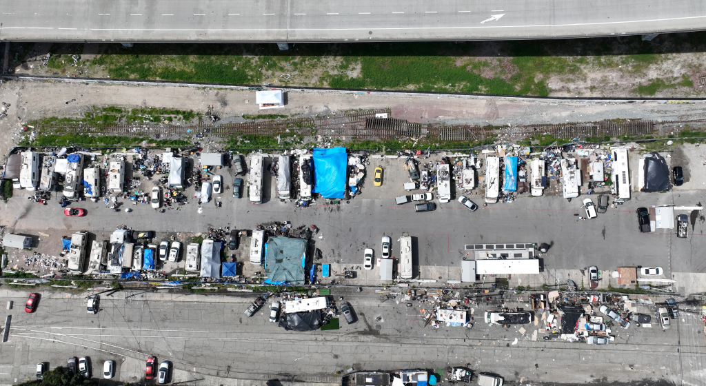 Drone view of recreational vehicles parked on the site of the former Wood Street homeless encampment.